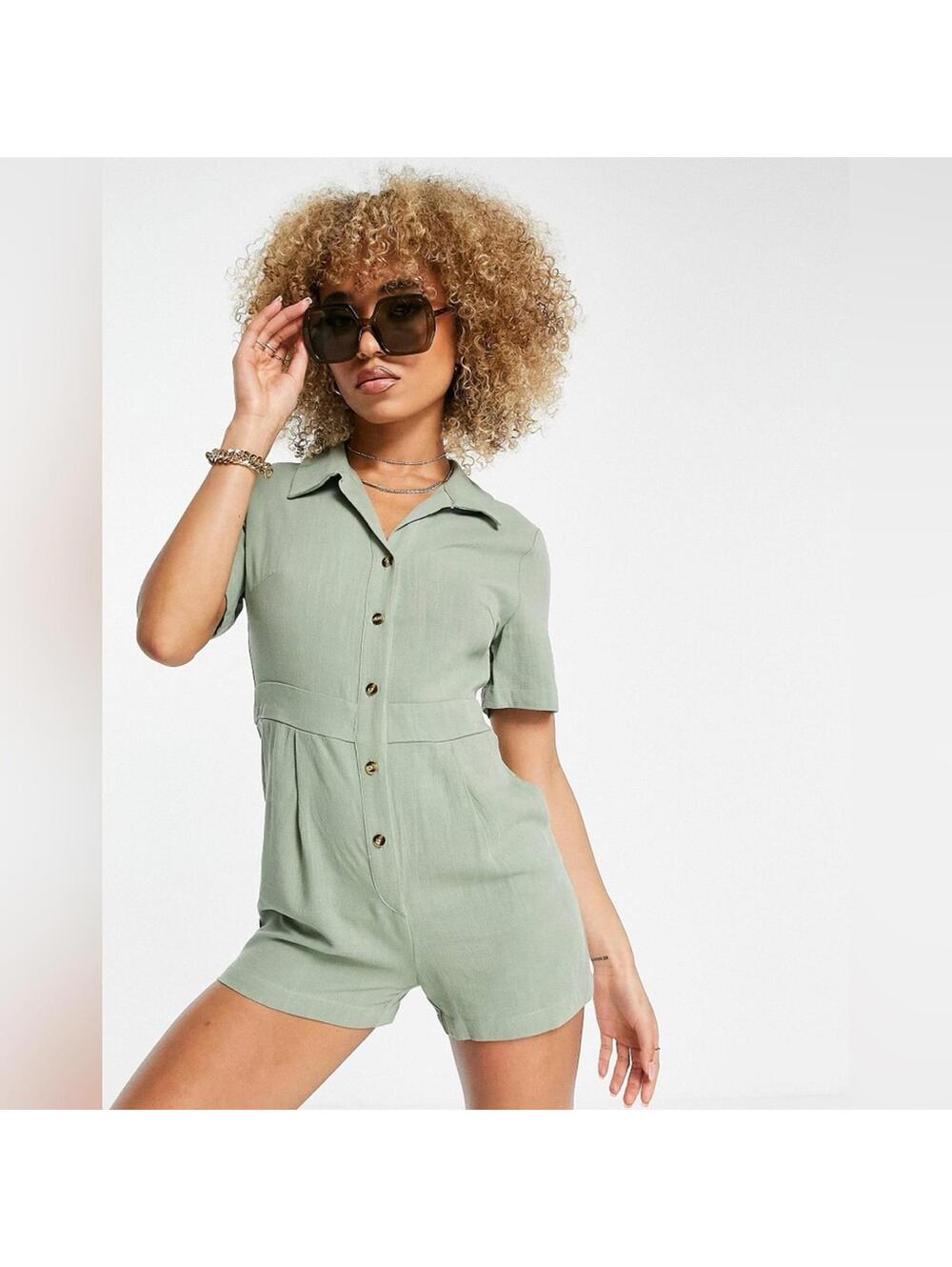 4th & Reckless Sage Green Button Up Beach Romper- Size Large
